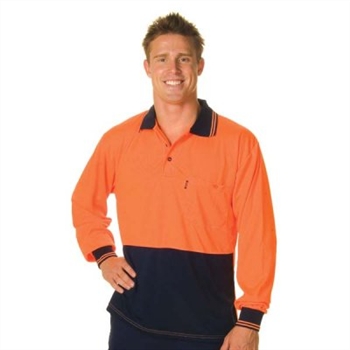 -Hivis Two Tone Fluoro Polo Shirt, Micromesh, L/S &gt; 175 Gsm Polyester Micromesh