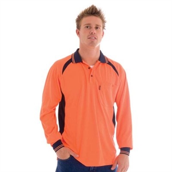 -Hivis Cool-Breeze Contrast Mesh Panel Polo Shirt, L/S &gt; 175 Gsm Polyester Micromesh