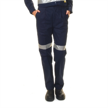 -Ladies Cotton Drill Trousers With 3M Reflective Tape &gt; 311 Gsm Heavyweight